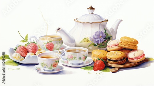 Afternoon tea cartoon illustration - Generative AI. Teapot, cakes, cup, flowers.