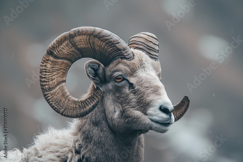 Animal Horns. Majestic Aries Ram with Ring Antlers in Countryside Portrait © AIGen