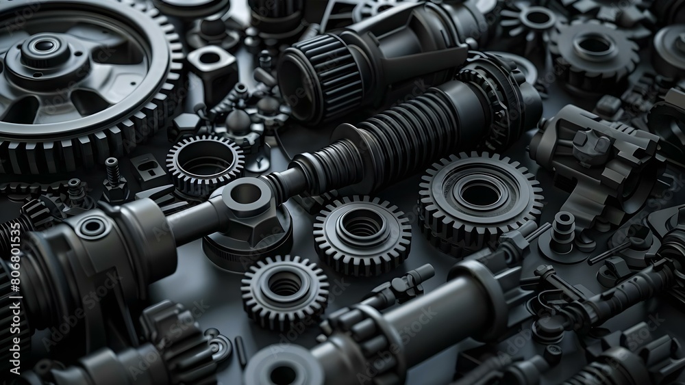 Fototapeta premium Industrial 3D render of vehicle parts like gears pipes in dark theme. Concept Industrial Design, 3D Rendering, Vehicle Parts, Gears, Pipes, Dark Theme