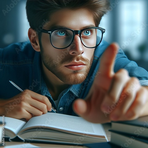  Close up portrait of a determined student studying hard and rea photo