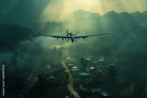 A combat drone casting a long, ominous shadow over a rural village
