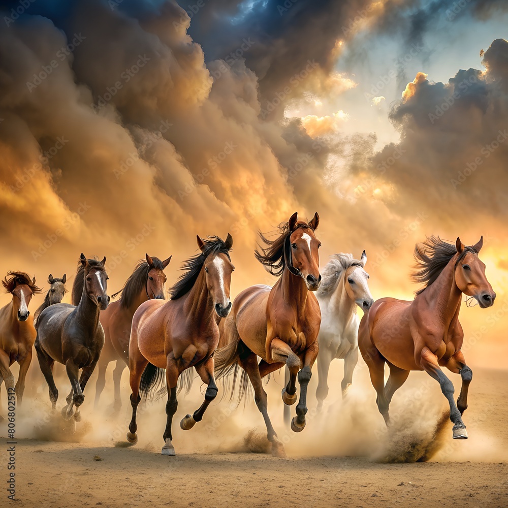 Horse herd run in desert sand storm against sky Horse herd run in desert sand storm against sky