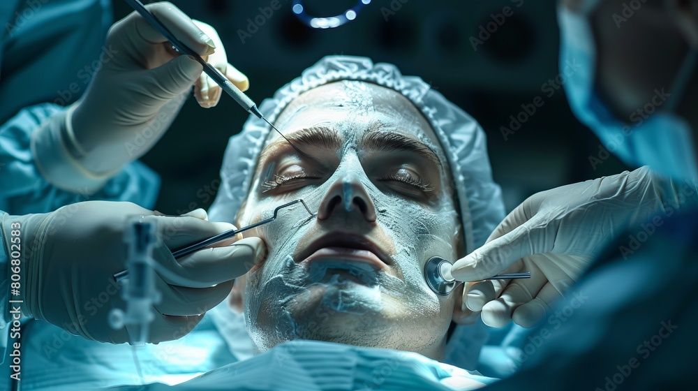 image of a rhinoplasty surgical procedure in progress, detailed view of patient and surgical tools