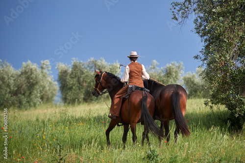 Beautiful Italian woman, riding her Maremmano horse and handling her yearling photo