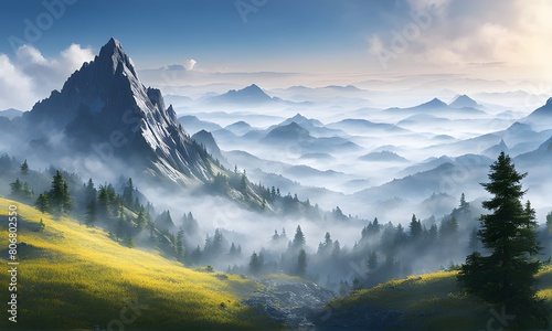 Wonderful mountains, fog, mountain scenery, stickers, illustrations, white background, ai, generative, hiking, aspiration, confidence, achievement, challenge spirit