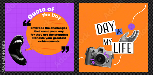 A set of templates for social networking posts. Open Mouth with Quote of the Day.  A day in my life. Ideas for content. Vector collage style.