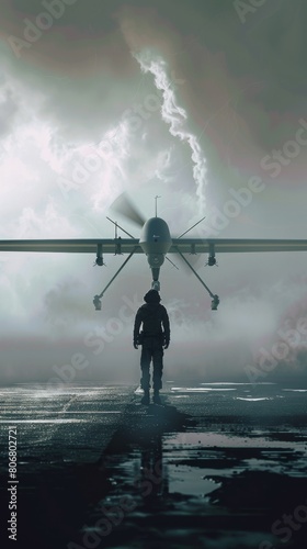 A lone figure facing a combat drone, representing defiance against technological warfare
