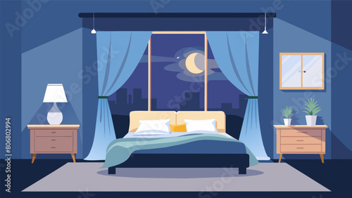 A soothing bedroom with blackout curtains a comfortable mattress and fluffy bedding perfect for a restful nights sleep and waking up feeling.