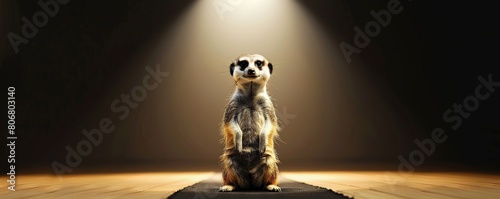 meerkat in a group on a wooden floor, with a black ear visible in the foreground photo