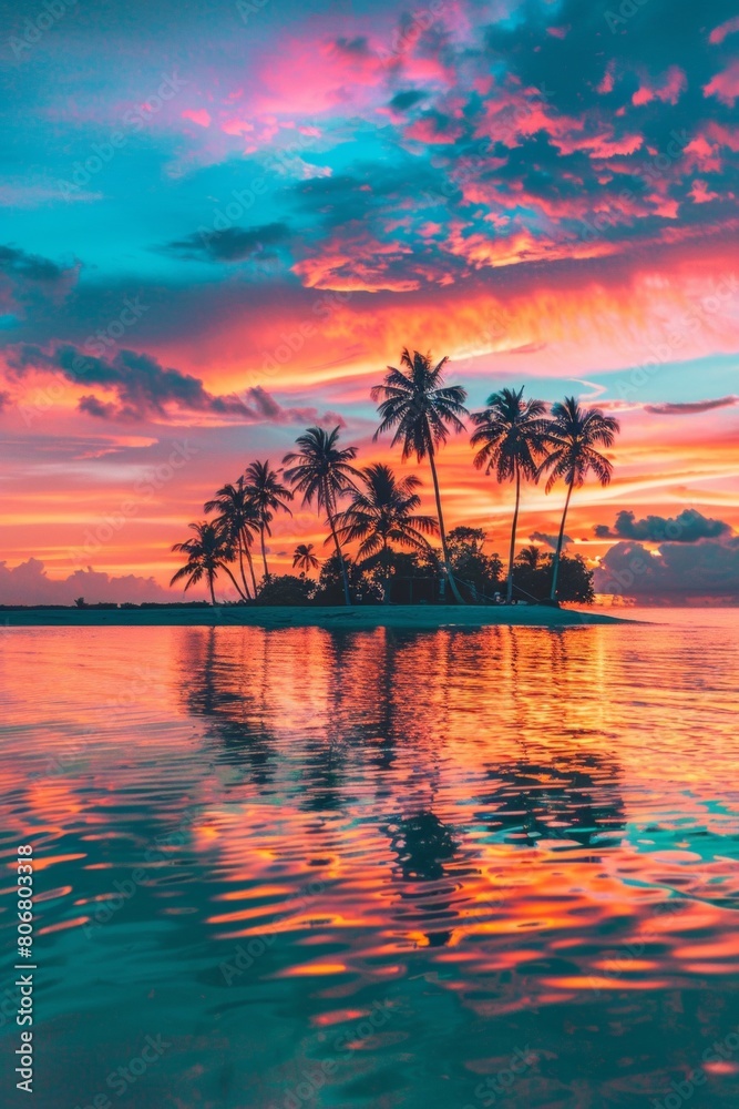 Obraz premium A panorama of a tropical island at sunset, capturing fiery colors painting the sky, palm trees silhouetted against the horizon