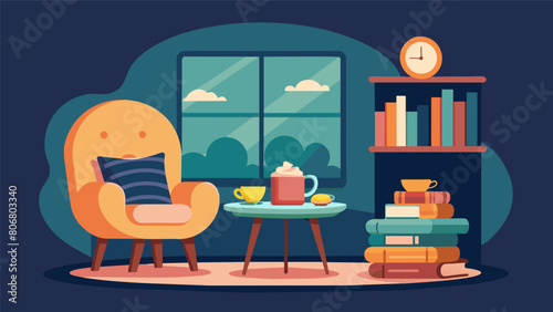 A reading nook in a small cafe equipped with a comfortable armchair a small table for tea and pastries and a collection of books to peruse while.