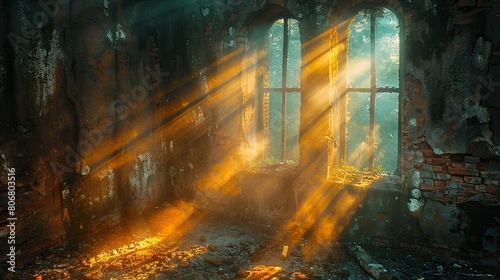 sunlight shining through the window of an old ruined building photo