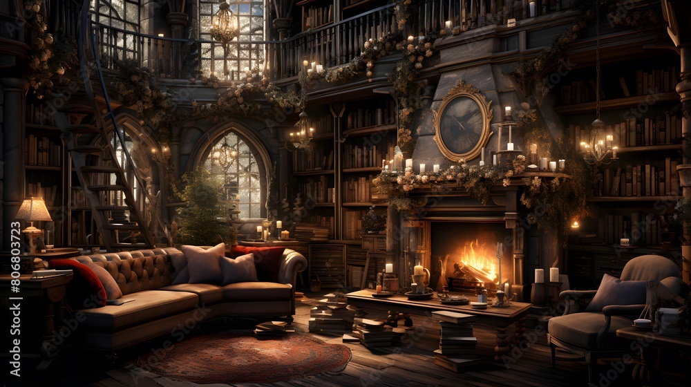 3d illustration of a fantasy room with a fireplace and a sofa