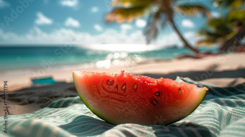 A sliced watermelon wedge on a beach towel, glistening with juice, palm trees casting shadows in the background
