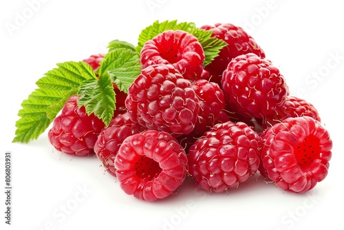 A close-up image of a pile of fresh  ripe raspberries. The raspberries are red  plump  and juicy  and they are covered in tiny hairs. The leaves are green and serrated.