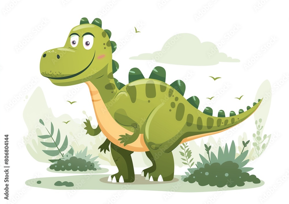 Friendly Cartoon Dinosaur in Lush Prehistoric Landscape Illustration for Kids Friendly Cartoon Dinosaur in Lush Prehistoric Landscape Illustration for Kids