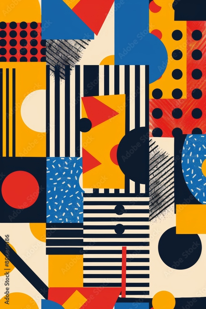 Obraz premium Abstract geometric pattern, playful shapes, primary colors, childlike wonder