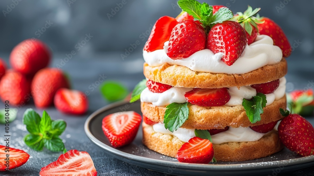   A plate holds a stack of strawberry shortcakes, each topped with whipped cream and fresh strawberries, accompanied by mint leaves