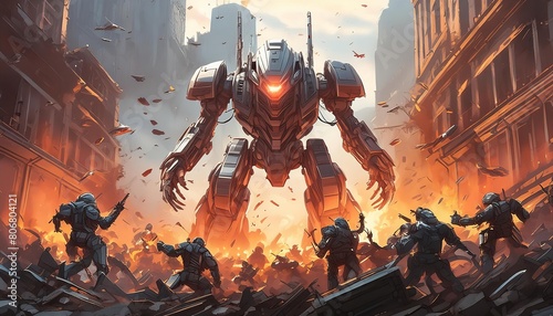 A towering, metallic behemoth clashes with a horde of enemy mechs in a chaotic photo
