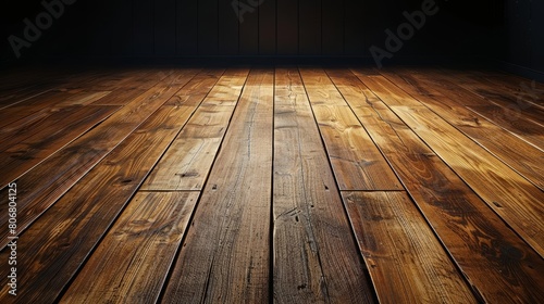 A dark, wooden floor with a spotlight shining down on it