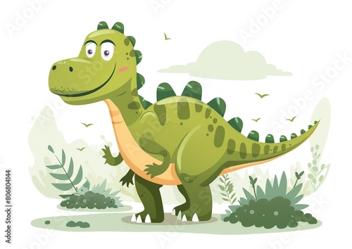 Friendly Cartoon Dinosaur in Lush Prehistoric Landscape Illustration for Kids