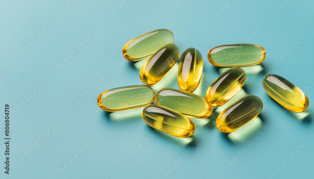 Fish oil capsules lined up in a row, AI-generated. Fish oil capsules lined up in a row, AI-generated.