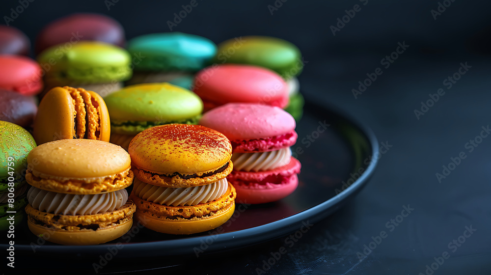 Colorful almond cookies, food photography of yammi dessert, vibrant colours