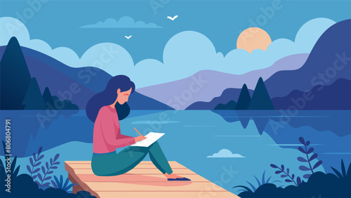 A serene lake serves as the backdrop for a girl perched on a dock journal in hand as she reflects on her day while the water gently ripples beneath.