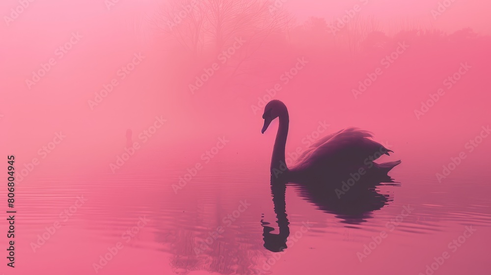 Fototapeta premium A black swan floats atop a tranquil pink-fogged lake, backdrop includes a figure in the distance