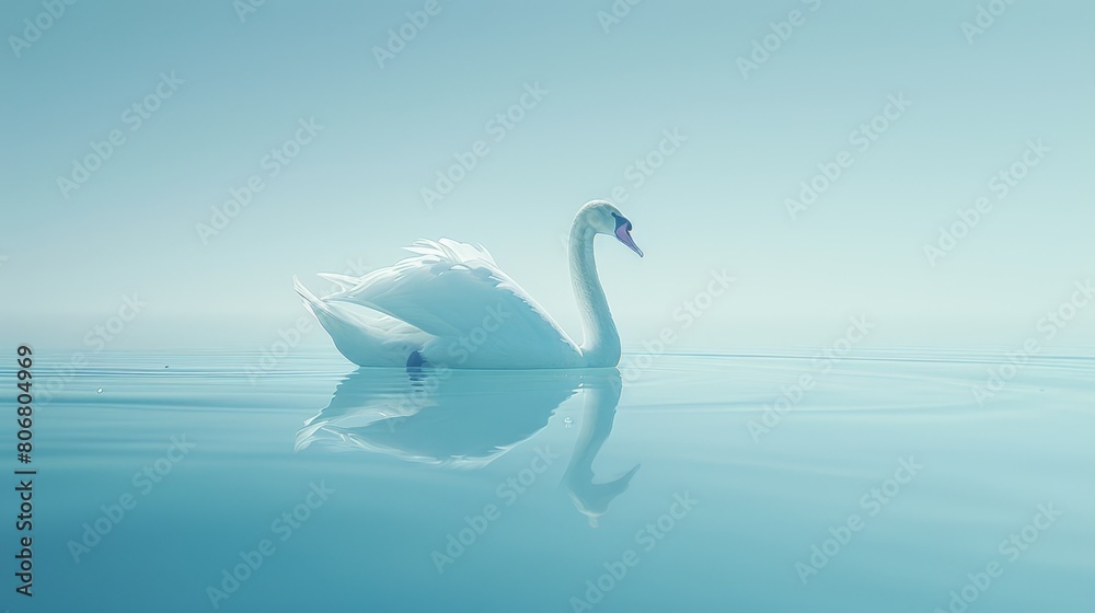 A white swan floats atop a tranquil lake, surrounded by a shoreline The backdrop is a clear, blue sky A white swan floats atop a tranquil lake, surrounded by a shoreline The backdrop is a clear, blue sky