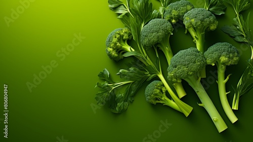 A bunch of broccoli arranged on a vibrant green background