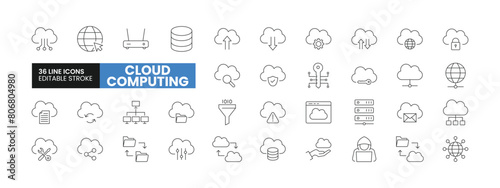 Set of 36 Cloud Computing line icons set. Cloud Computing outline icons with editable stroke collection. Includes Cloud Computing, Download, Upload, Server, Database, and More.