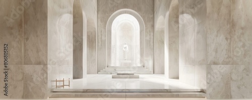Cathedral transept with clean white marble minimalist arches defining sacred space photo