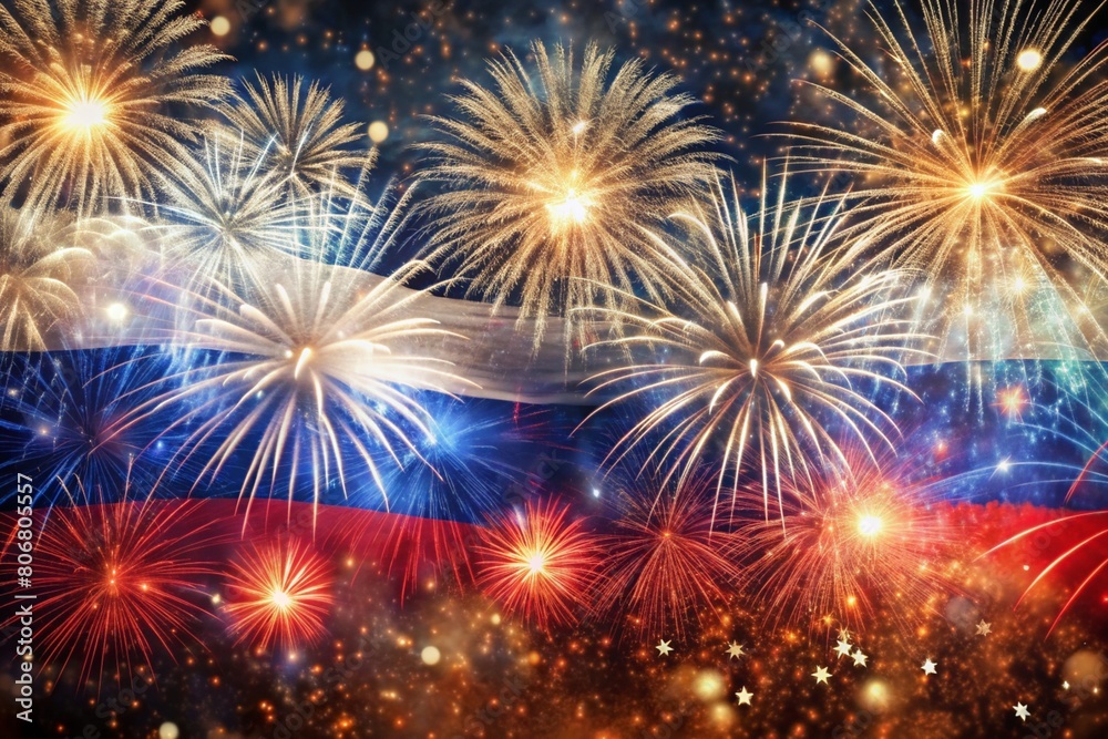 Fototapeta premium Russia. Moscow. The national flag of the Russian Federation on the background of fireworks. The Russian tricolor. Russia Day is celebrated on June 12.