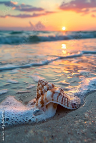 Close-up of a seashell resting on the sand, with gentle waves lapping in the background and a vibrant sunset on the horizon © ktianngoen0128