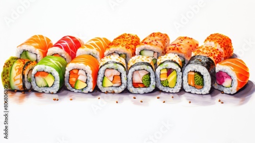 Sushi cartoon illustration - Generative AI. Sushi, rolls, rice, fish.