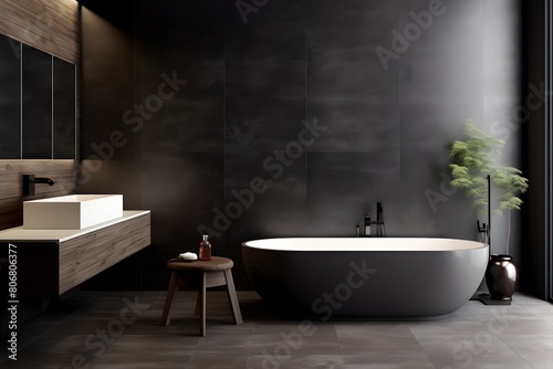 Interior of modern bathroom with black and gray walls wooden floor comfortable bathtub standing near wooden shelf with towels and candles Generative AI