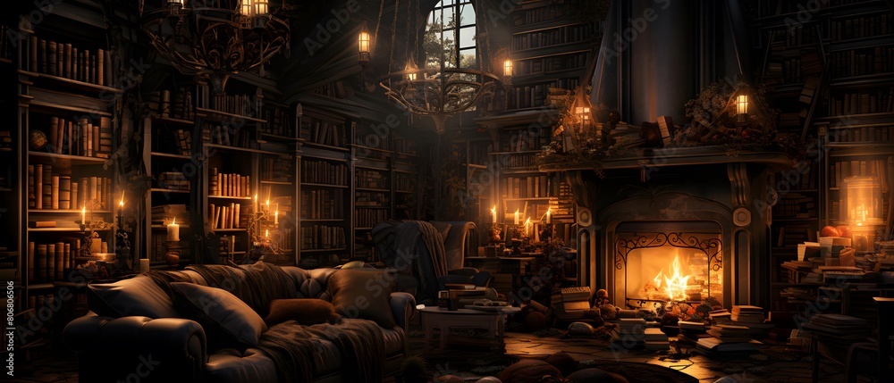 3D rendering of a medieval castle interior with a fireplace and books