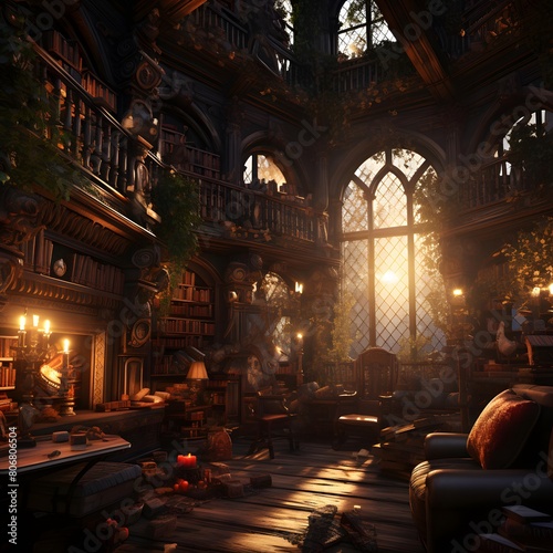 Fantasy interior of a medieval castle. 3D rendering. Computer digital drawing.