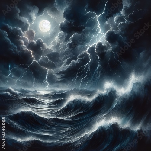  Dark abstract watercolor stormy sea with crashing waves and lig photo