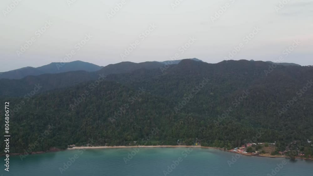 Aerial High Angle View Of Lonely Beach At Koh Chang With Forest Hill Landscape In Background. Wide Shot, Push Forward Aerial High Angle View Of Lonely Beach At Koh Chang With Forest Hill Landscape In Background. Wide Shot, Push Forward