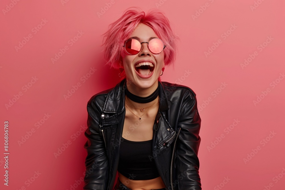 Vibrant Young Woman with Pink Hair Laughing, Stylish Urban Fashion on Pink Background
