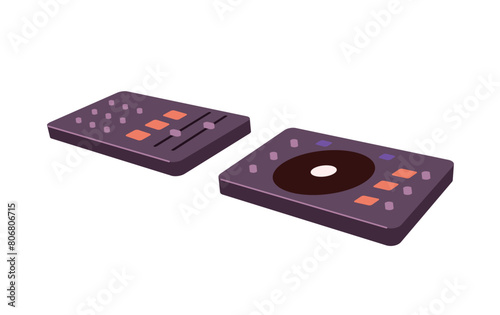 DJ panels, deejay mixers. Professional equipment for disc jockeys. Console for mixing music with controllers. Turntable for techno performance. Flat isolated vector illustration on white background