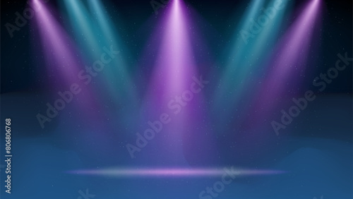 Pink blue purple spotlight backdrop. Illuminated stage with blue fog, smoke. Background for displaying products. Bright beams of spotlights, haze, particles, a spot of light. Vector illustration