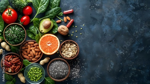 Nourishing Health Foods  Greens  Fruits  Nuts  Seeds  and Supplements for Wellness. Concept Healthy Eating  Superfoods  Nutrient-rich meals  Balanced Diet  Wellness supplements