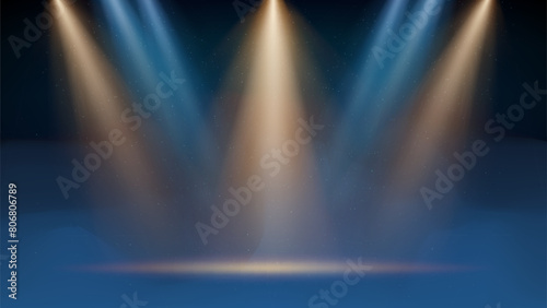 Golden  blue spotlight backdrop. Illuminated stage with blue fog  smoke. Background for displaying products. Bright beams of spotlights  haze  particles  a spot of light. Vector illustration