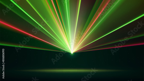 Laser light show. Bright led laser beams, dj light party. Green illuminated stage, red led strobe lights. Background, backdrop for displaying products. Vector illustration