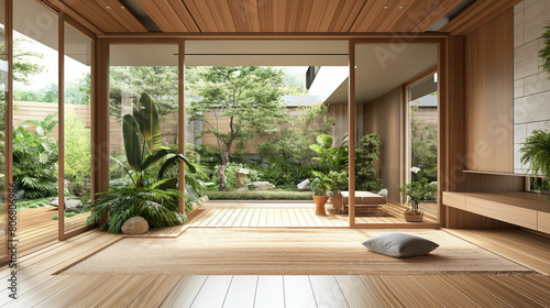 A wooden house interior with green plants and a wooden floor  in the style of Japanese architecture design  with a modern minimalist aesthetic  a large window  and an indoor garden.