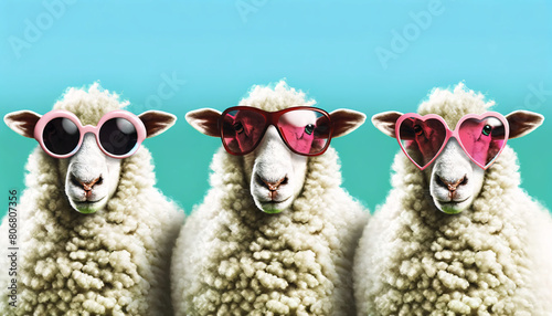 A whimsical digital artwork featuring three sheep with human-like expressions, each wearing stylish sunglasses