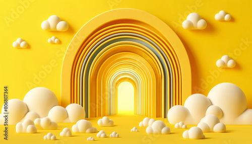 a whimsical and vibrant image featuring a series of arches receding into the distance on a bright yellow background photo